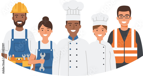 Cartoon professional occupations illustration with construction worker, mechanic, chefs, and safety engineer in diverse workforce design