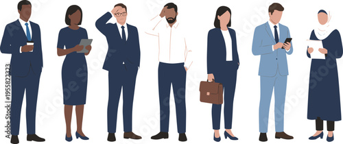 Minimalist business people vector set featuring diverse office professionals in clean hand drawn monolinear line art style for corporate branding