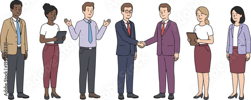 Minimalist business collaboration vector set featuring diverse office professionals handshaking and working in clean monolinear hand drawn line art style