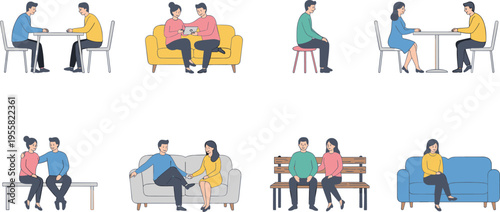 Minimalist couple sitting vector set featuring diverse people talking on sofa and bench in clean monolinear hand drawn line art style
