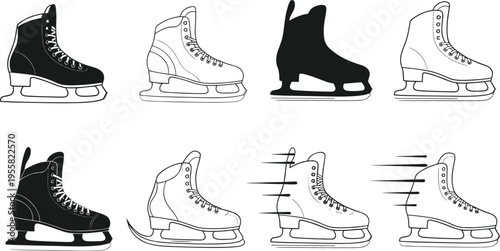 Vector illustration of ice skates in different styles with silhouettes, line drawings, and motion speed design elements