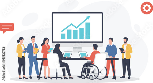 Cartoon business teamwork illustration with diverse professionals, wheelchair accessibility, laptops, and bar chart showing growth