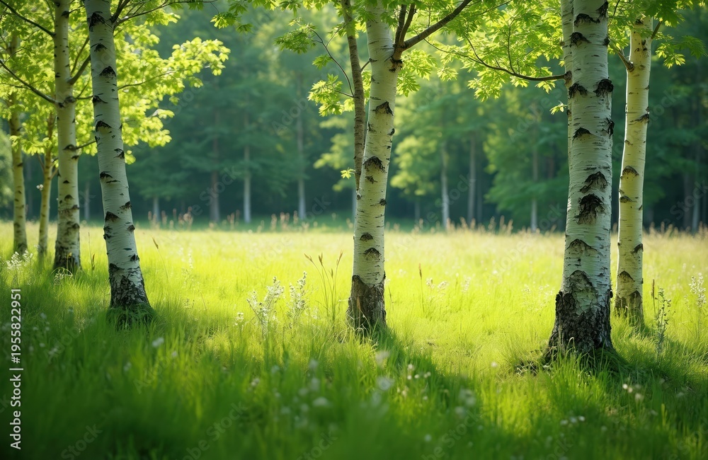 Obraz premium White birch trees with green leaves grow in a sunlit summer meadow. Tall slender trunks stand in a clearing with lush grass and blurred forest background. Peaceful nature scene.