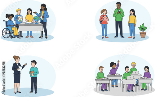 Cartoon educational collage illustration with diverse students, teacher, mentoring, classroom, and social interaction design