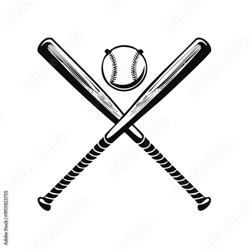 Two crossed baseball bats and a baseball in a classic black and white illustration