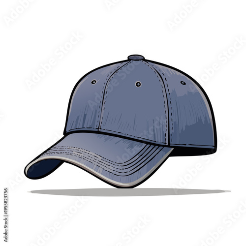 Blue baseball cap illustration with stitched details and curved brim