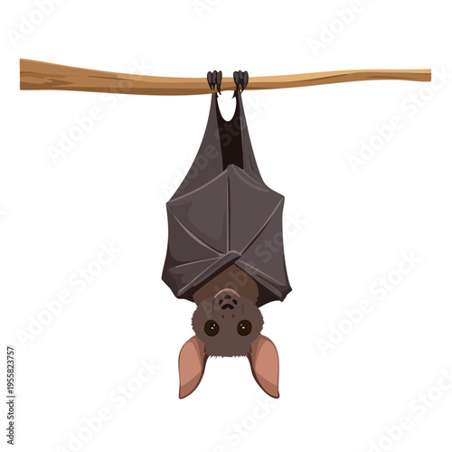 Cute cartoon bat hanging upside down from a branch