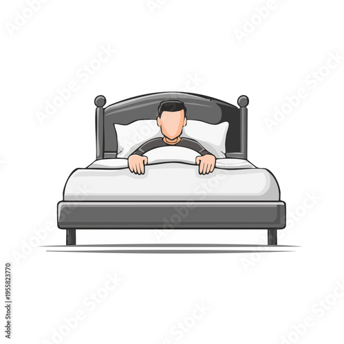 Man resting in bed under white blanket with head on pillow in cartoon style