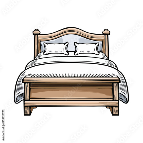 Classic wooden bed with crisp white bedding and two plush pillows
