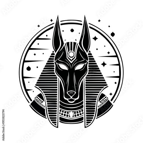 Stylized Egyptian Anubis jackal head profile with headdress and starry circle background