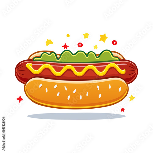 Whimsical Hot Dog with Green Topping Mustard and Stars Vector Illustration