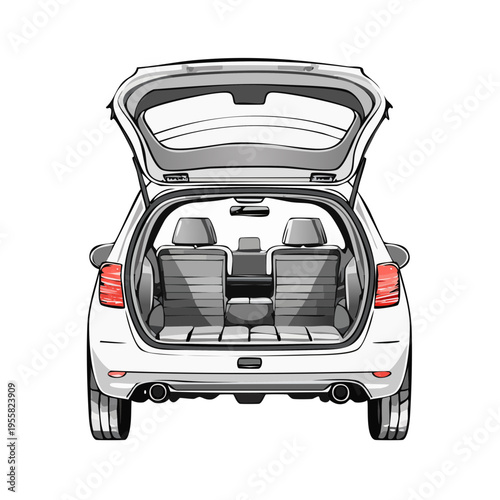 White hatchback car with open rear trunk showing empty seats and storage space
