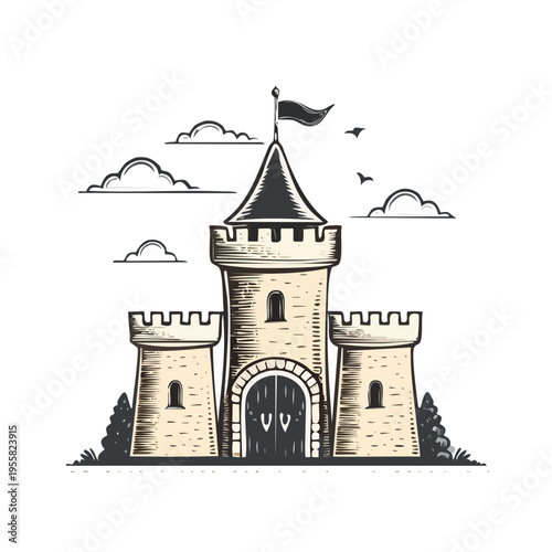 Vintage castle fortress with tall central tower battlements and clouds in a stylized illustration