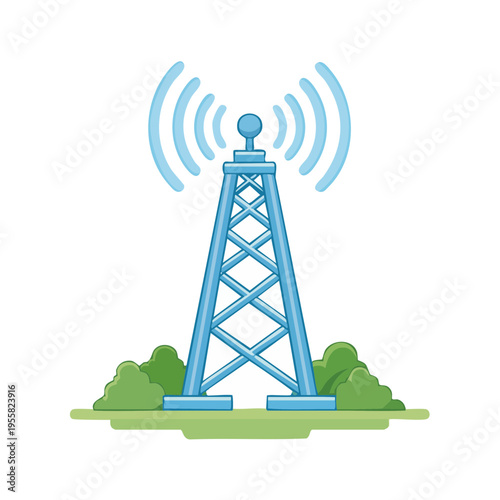 Communication tower broadcasting radio waves in a stylized landscape with green bushes