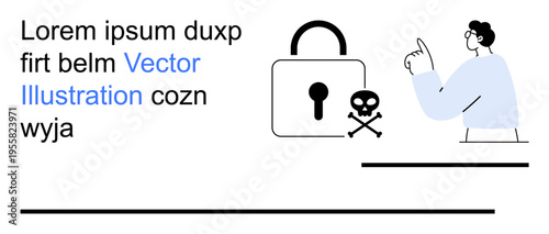 Cybersecurity, digital safety, data protection, online threats, risk alerts, hacking prevention. Lock with a skull icon and a person analyzing. Cybersecurity and digital safety