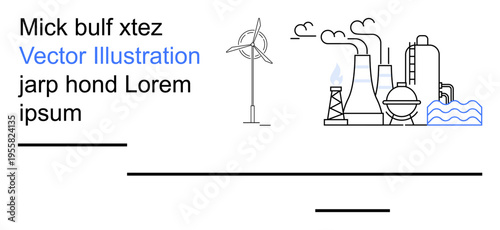 Renewable energy, pollution, sustainability, environmental management, green technology, industrial growth. Wind turbine with factory emitting smoke. Renewable energy and pollution comparison concept