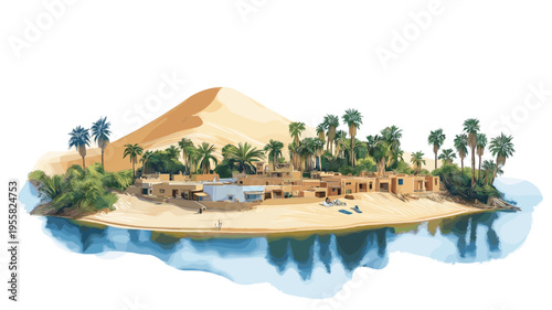 Huacachina Oasis. Huacachina Oasis hand drawn watercolor illustration