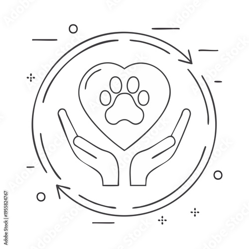 Hands holding heart with paw print, surrounded by circular arrows and simple line art elements.