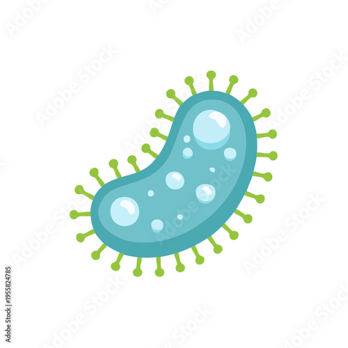 Cartoon bacterium with green appendages and internal bubbles in light blue