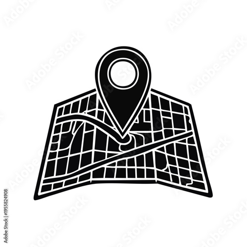 Stylized black and white map icon with a prominent location pin symbolizing navigation and destination