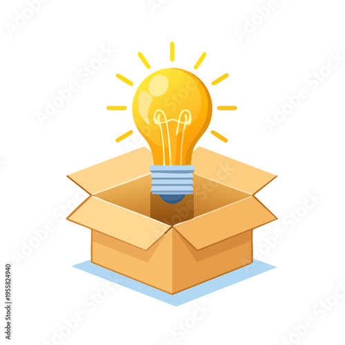 Illuminated idea bulb emerging from an open cardboard box, symbolizing innovation