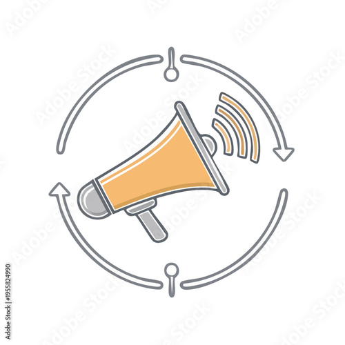 Illustration of a megaphone with sound waves and a circular arrow indicating promotion or announcement