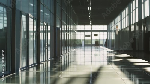 Empty interior of a contemporary commercial building hallway with polished floor reflecting natural light, creating a bright and spacious atmosphere of business development and opportunity