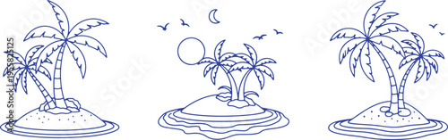 Tropical island scene depicted through minimalistic line art of palm trees and moonlight