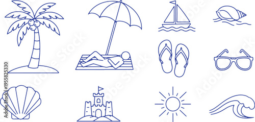 Iconic symbols representing a relaxing beach vacation and seaside activities