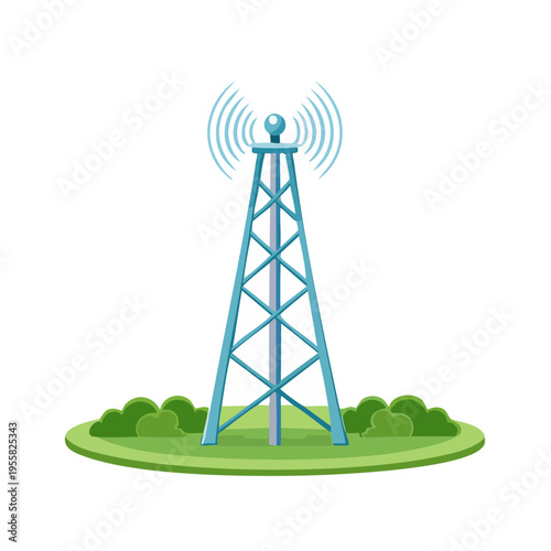 Communication tower broadcasting radio waves with surrounding green landscape and bushes