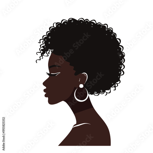 Stylized illustration of a woman with dark skin and voluminous curly hair