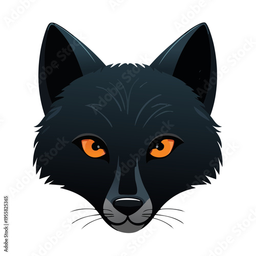 Close up portrait of a black wolf with piercing orange eyes and sharp ears