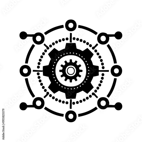 Abstract mechanical gear system with interconnected nodes and a central cogwheel