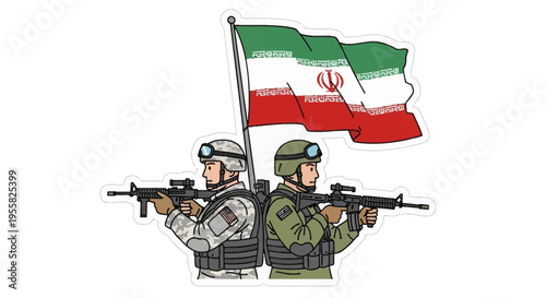 American soldiers with Iranian flag holding guns in military operation