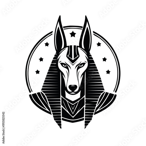 Ancient Egyptian Anubis Dog Head Symbol Icon in Circle with Stars