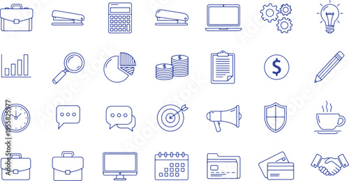 Collection of icons representing various business and office activities