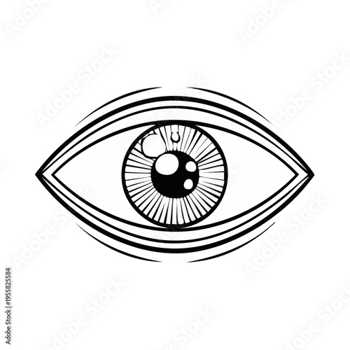 Stylized black and white eye graphic with radiating lines and pupil detail