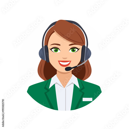 Friendly female customer service representative wearing a headset and green jacket