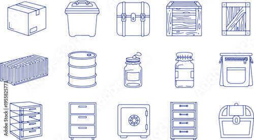 Collection of various storage and transport containers in line drawings
