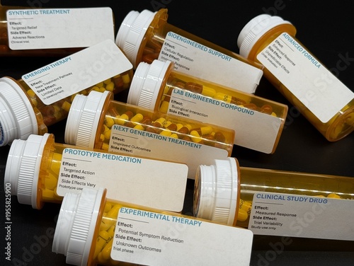 Experimental pharmaceutical capsules in prescription bottles, medical research concept