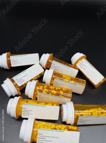 Medication side effects and treatment cycle concept with prescription bottles
