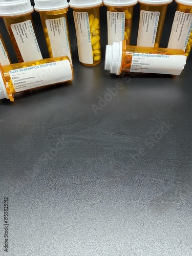 Experimental pharmaceutical capsules in prescription bottles, medical research concept