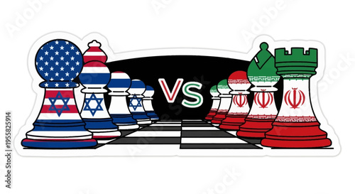 USA and Israel versus Iran chess pieces on a board