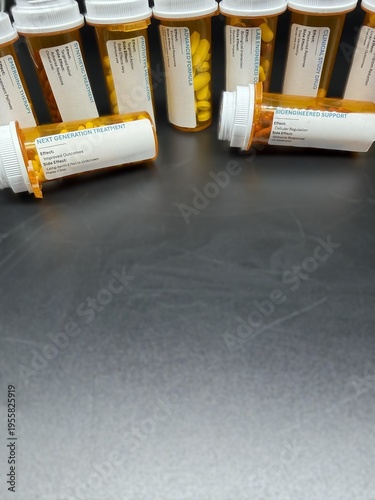 Experimental pharmaceutical capsules in prescription bottles, medical research concept