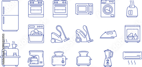 Collection of essential kitchen and laundry appliances illustrated in simple line art