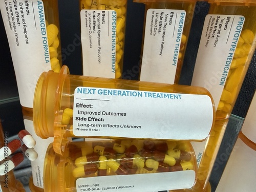 Experimental pharmaceutical capsules in prescription bottles, medical research concept