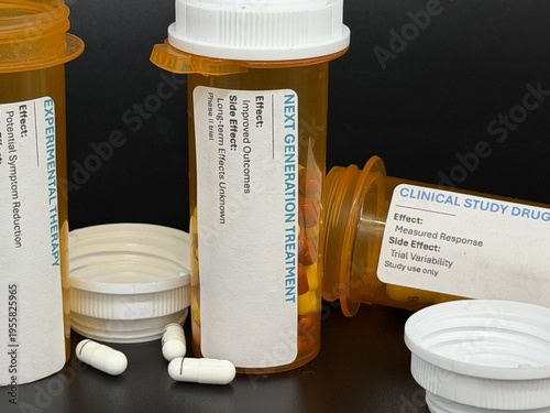 Experimental pharmaceutical capsules in prescription bottles, medical research concept