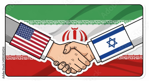 Handshake between USA and Israel on Iran flag background