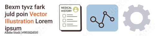 Healthcare records, analytics, technology, medical documentation, process improvement, data management. Medical history form, chart line and gear icon. Healthcare records and analytics concepts