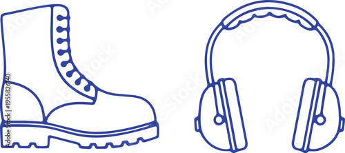 Illustration of a boot and a pair of over-ear headphones side by side